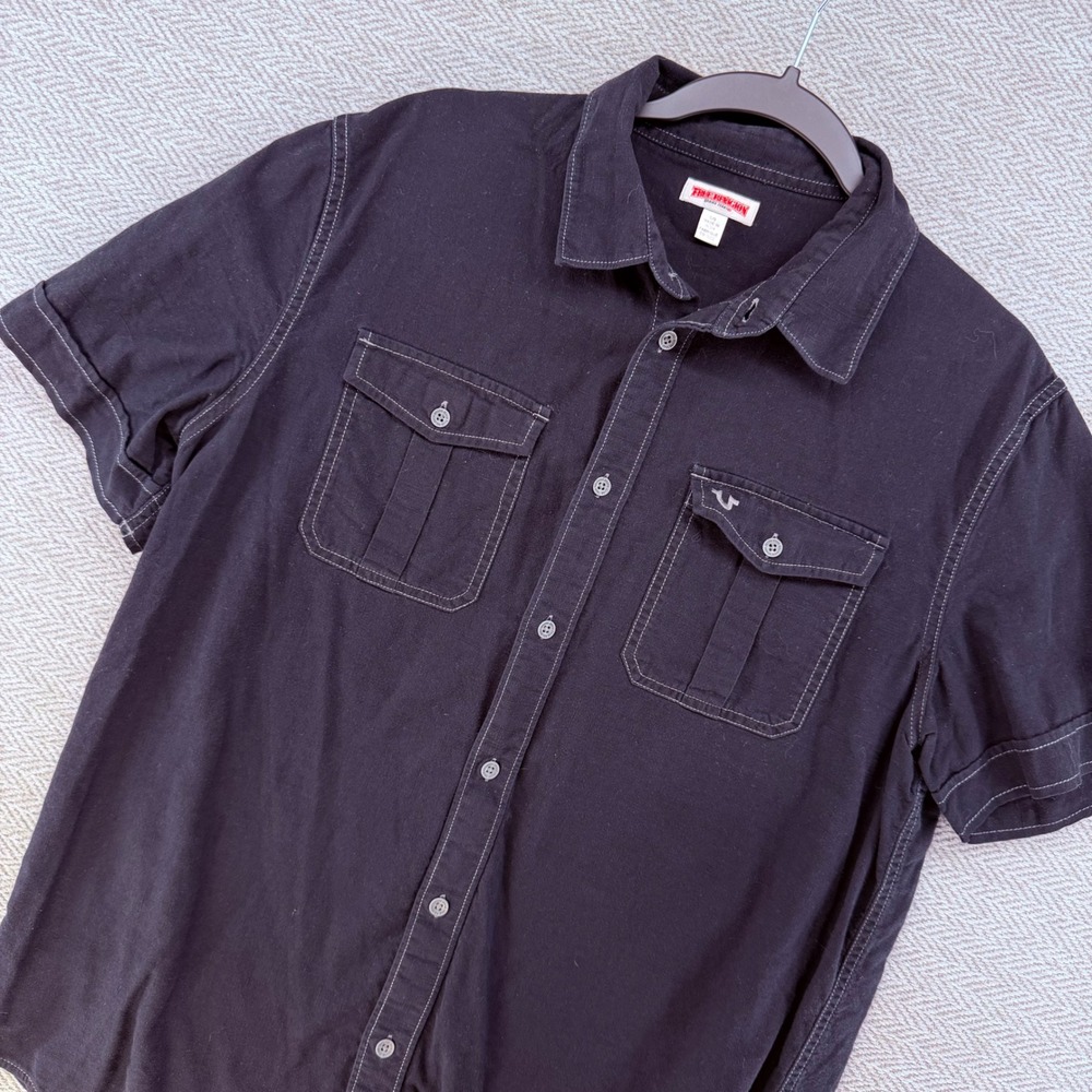 True Religion Button Down Shirt Large Black Cotton Contrast Stitch Short Sleeve